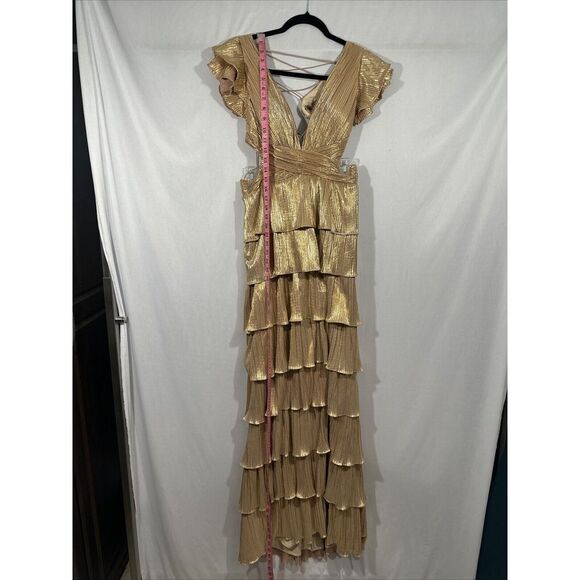 NWT‎ $498 IEENA Mac Duggal [ 4 ] 26740 Ruffle Tiered Lace Up Gown Gold - Picture 8 of 16